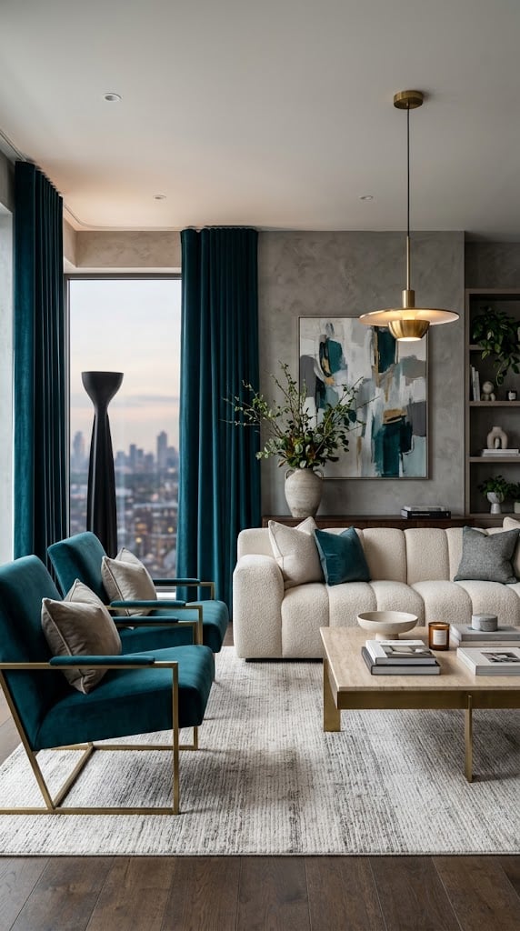 Grey and Cream Living Room Decor Idea 11 with Rich Teal Layers