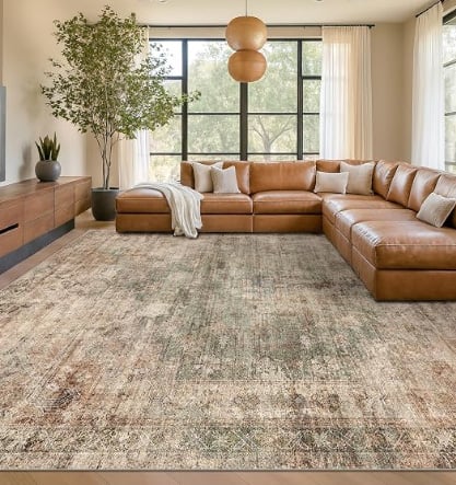 Hazo Haus Farmhouse Floor Rug, Brown and Green, 8x10, Washable, Distressed Design