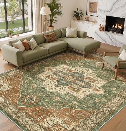 Living Room 8x10 Washable Area Rug, Green Rust