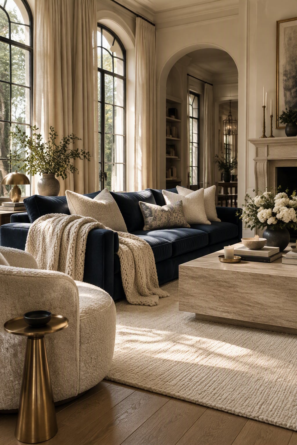Navy and Cream Living Room Decor Idea 1 Velvet Sofa Layered Textures