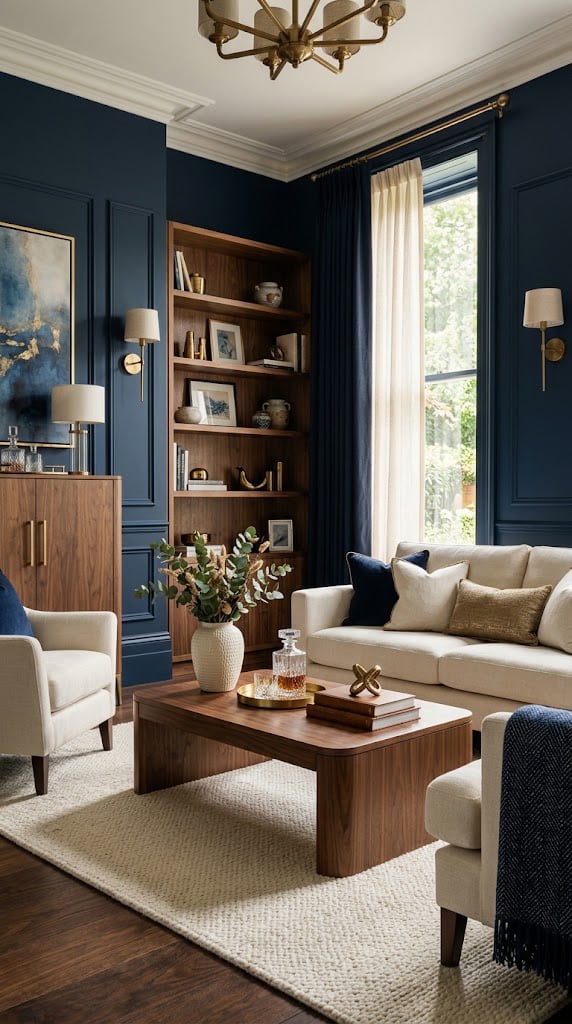 Navy and Cream Living Room Decor Idea 10 Walnut Wood Details