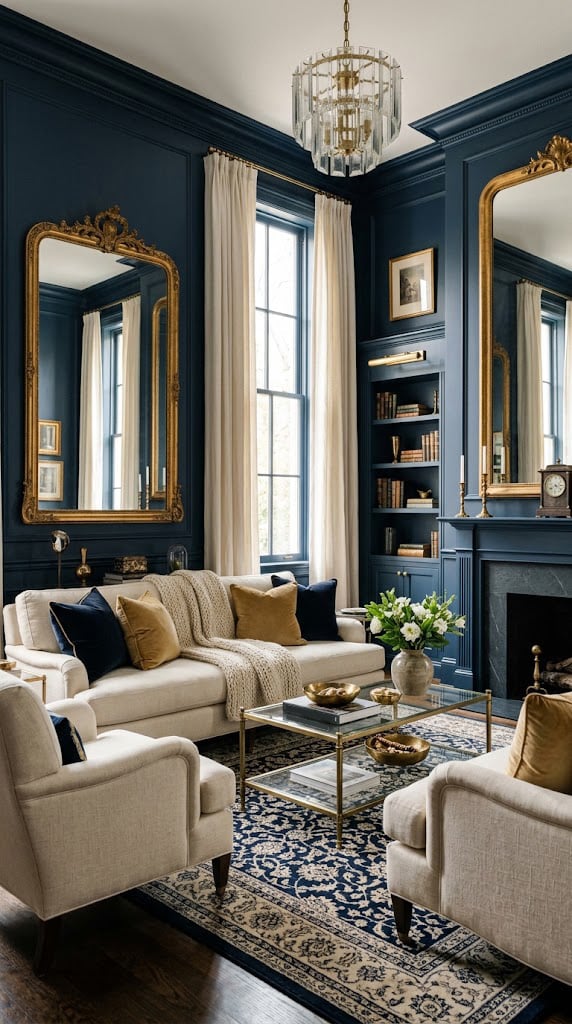 Navy and Cream Living Room Decor Idea 12 Mirrors with Golden Frames