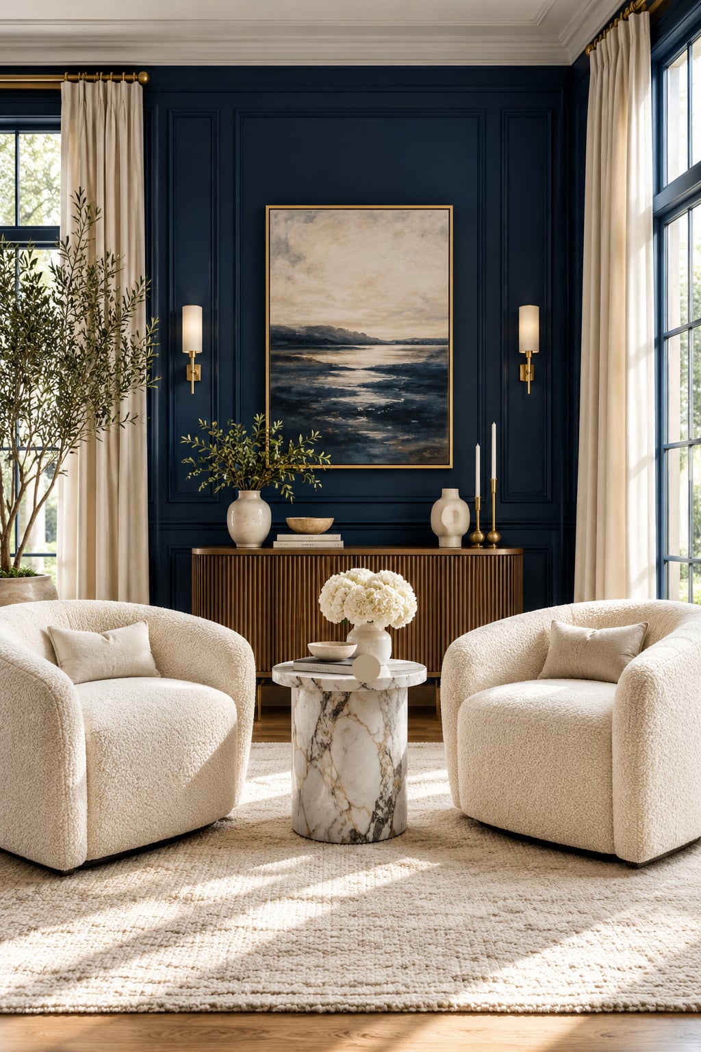 Navy and Cream Living Room Decor Idea 2 Boucle Chairs Deep Navy Wall