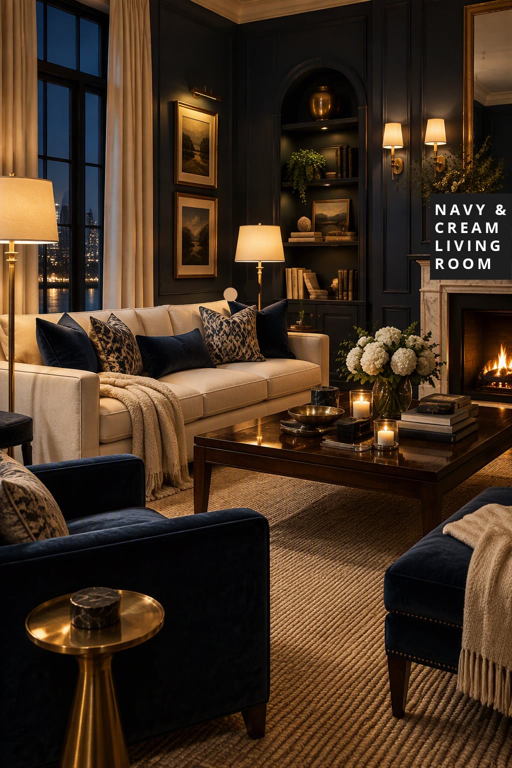 Navy and Cream Living Room Decor Idea 3 Brass Accent Lighting