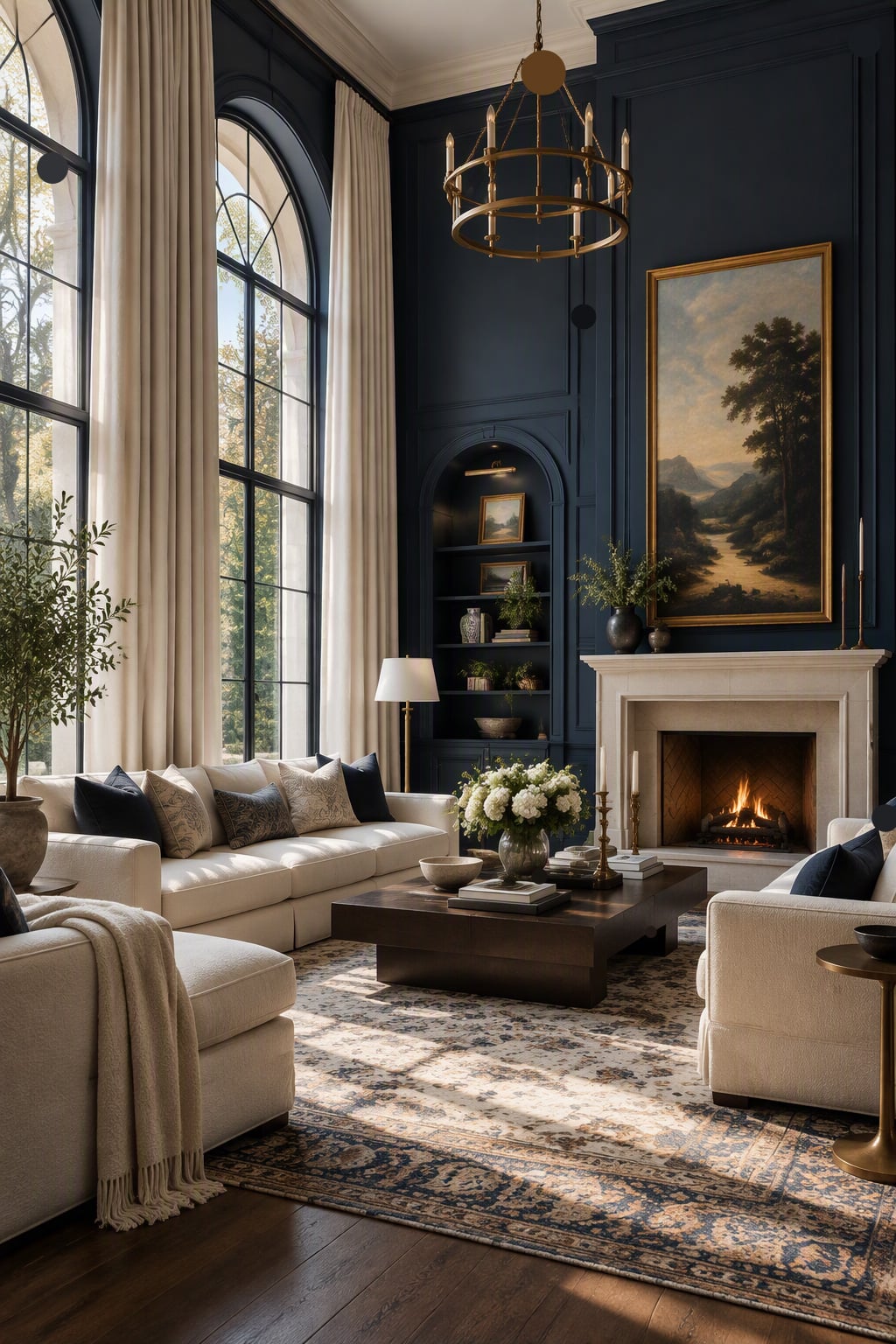Navy and Cream Living Room Decor Idea 4 Floor to Ceiling Curtains
