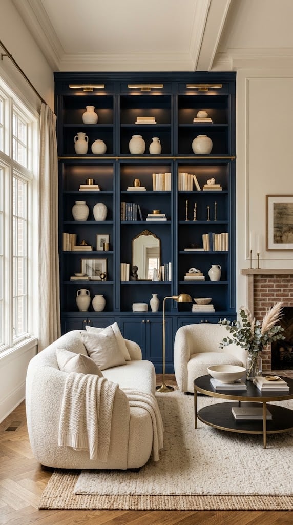 Navy and Cream Living Room Decor Idea 5 Built Ins Ceramics Books