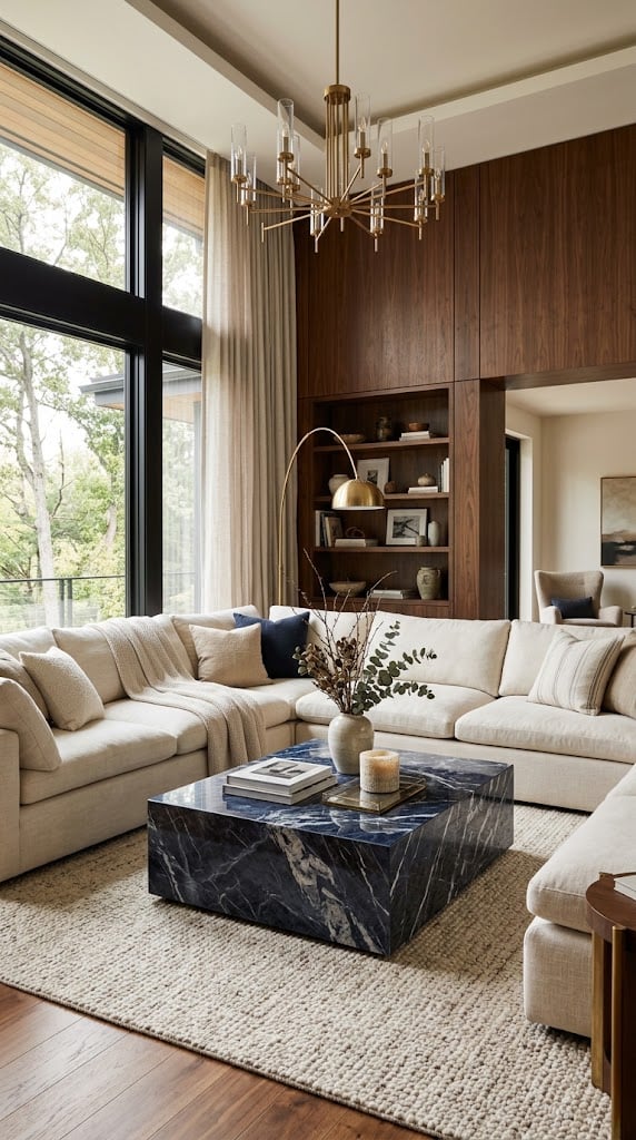 Navy and Cream Living Room Decor Idea 6 Sectional and Marble Coffee Table