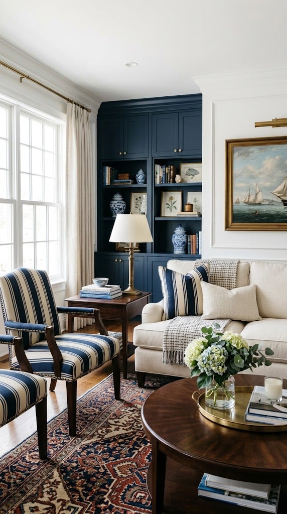Navy and Cream Living Room Decor Idea 7 Tailored Stripe Patterns