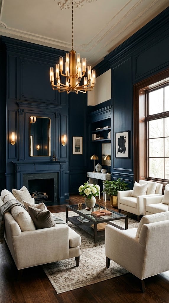 Navy and Cream Living Room Decor Idea 8 Dark Navy Paneling