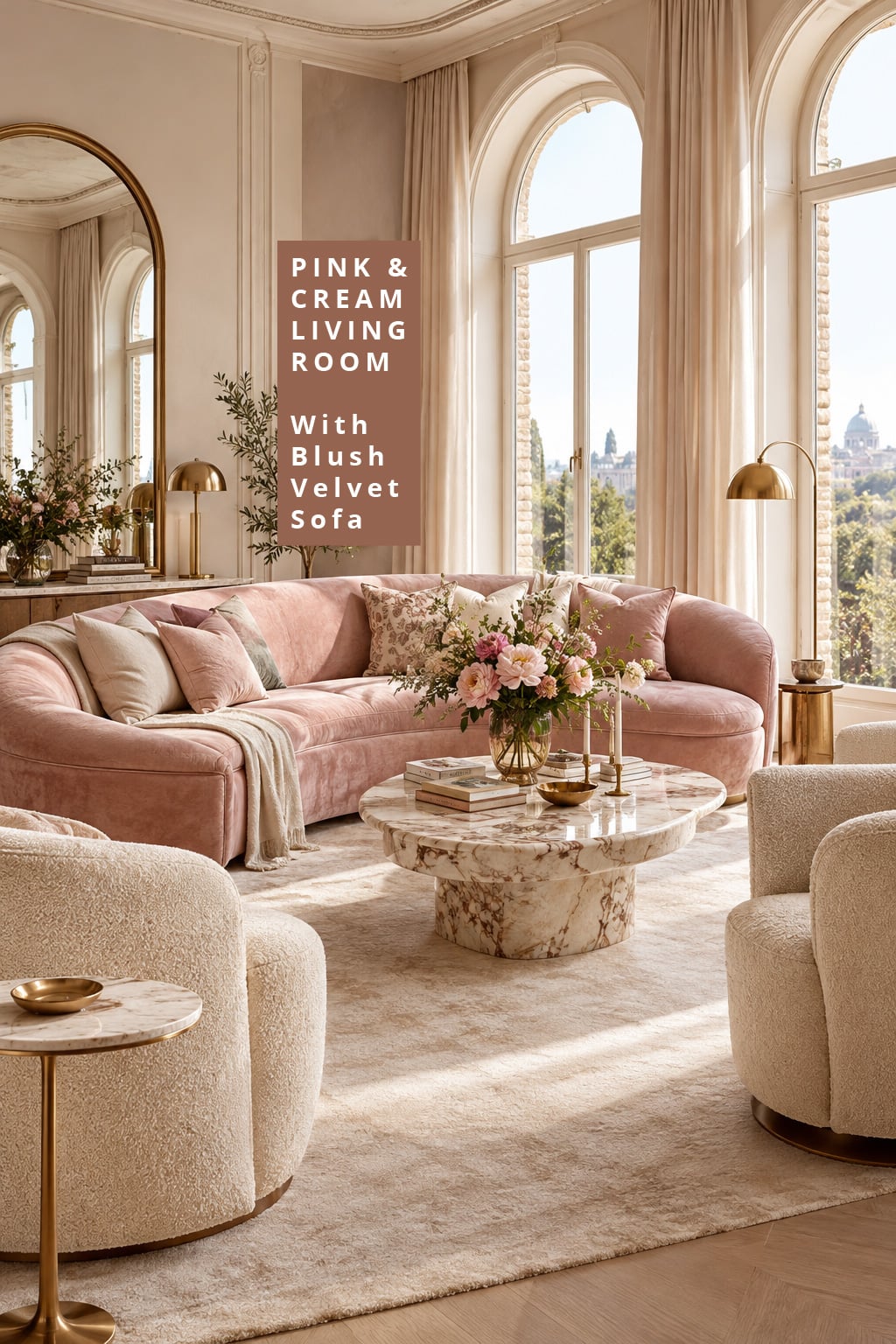 Pink and Cream Living Room Decor Idea 1 Blush Velvet Sofa