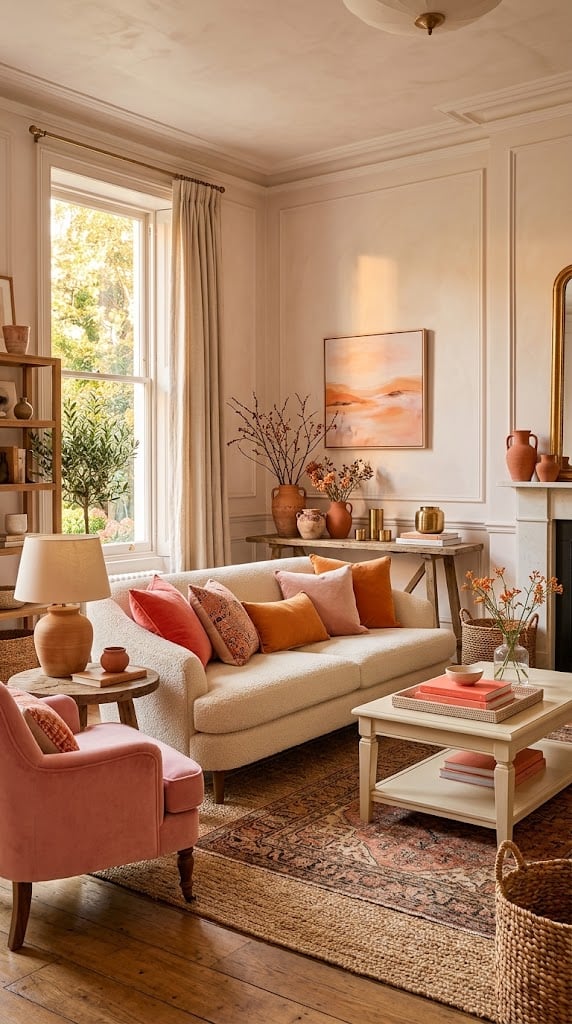 Pink and Cream Living Room Decor Idea 10 With Orange Details