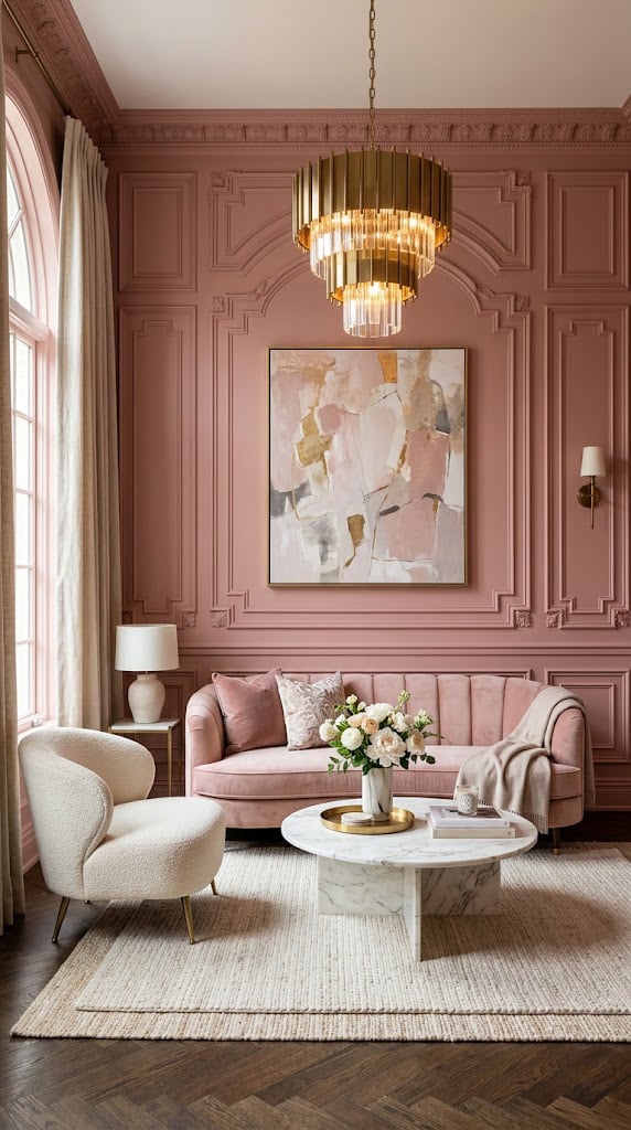 Pink and Cream Living Room Decor Idea 11 With Statement Wall