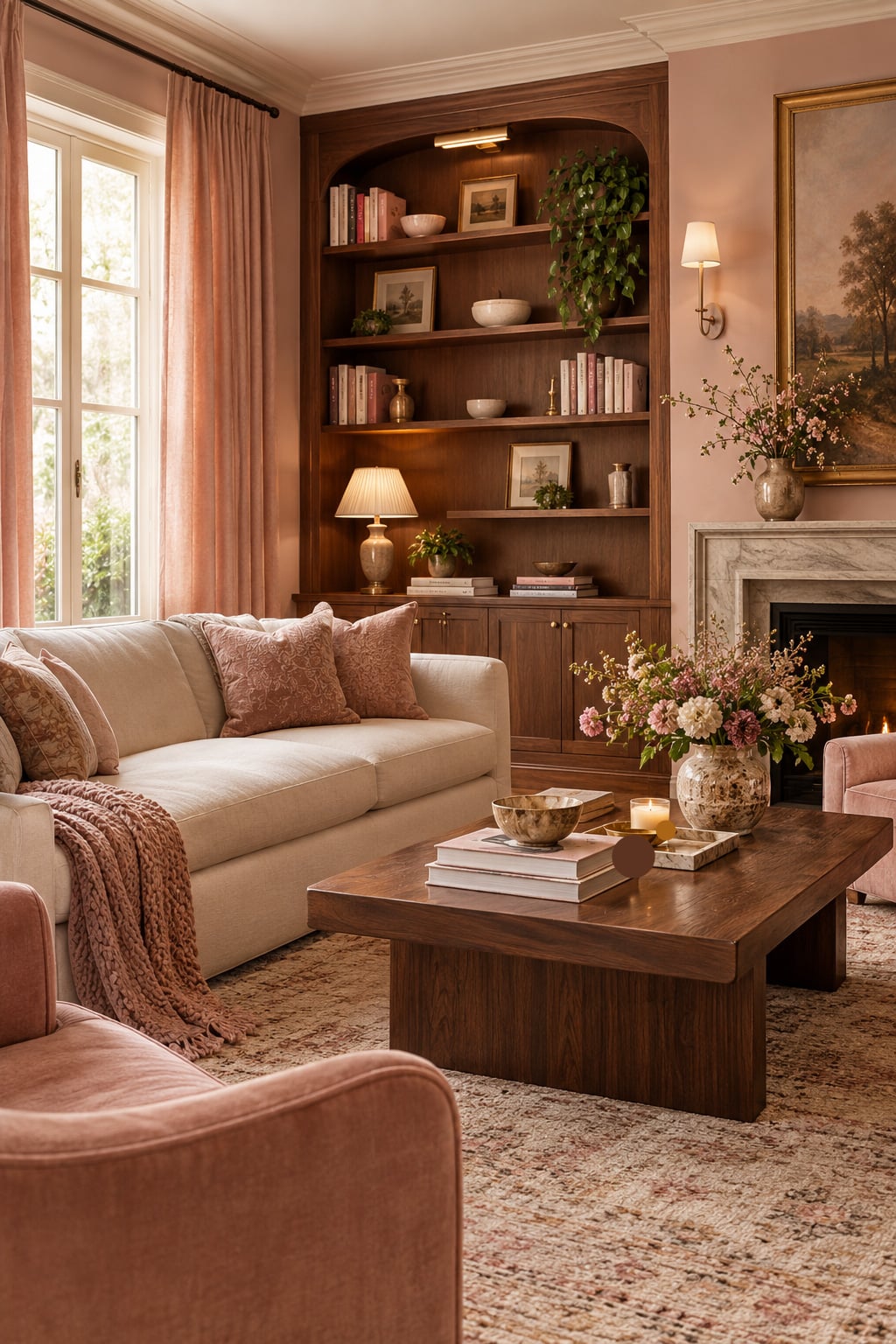 Pink and Cream Living Room Decor Idea 3 with Brown Wood Details