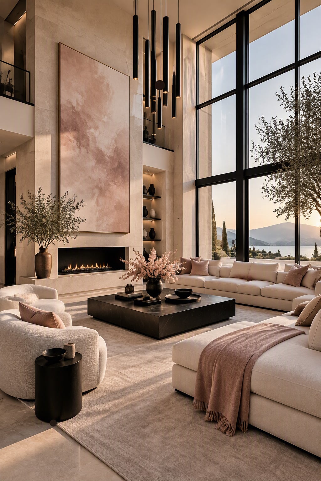 Pink and Cream Living Room Decor Idea 4 with Black Contrast Pieces