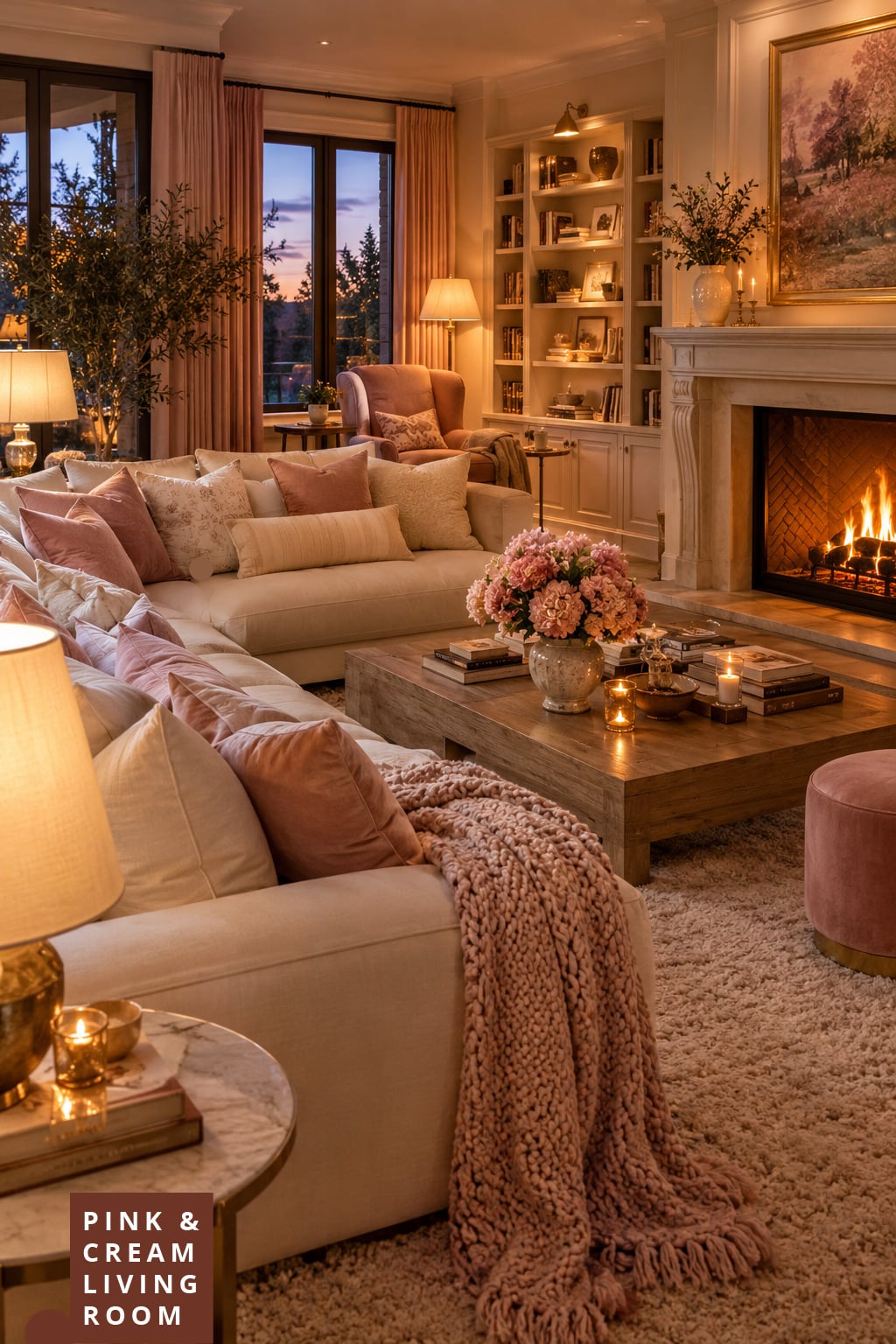 Pink and Cream Living Room Decor Idea 5 Cozy Soft Lighting Oversized Sofa