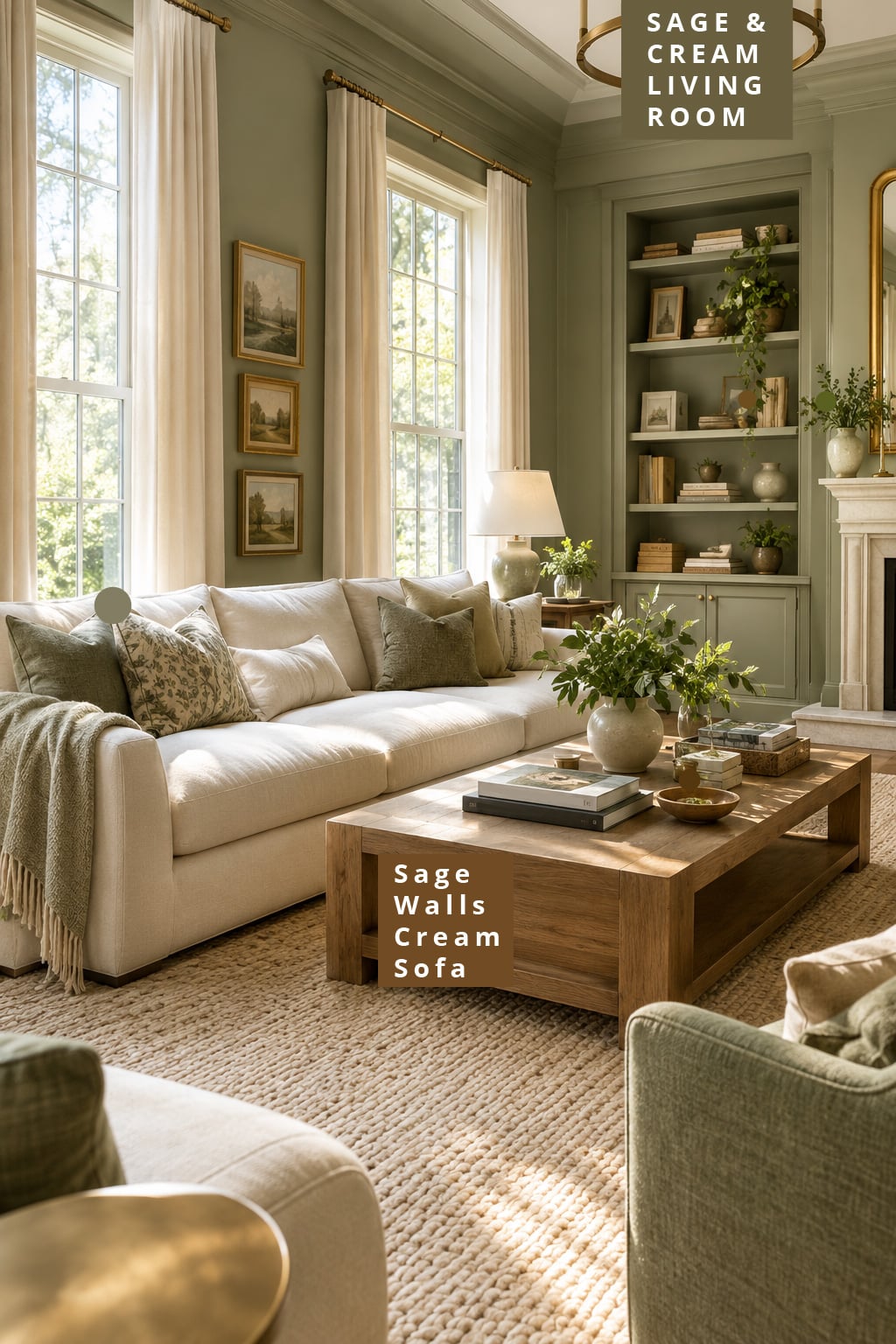 Sage and Cream Living Room Decor Idea 1 Sage Walls Cream Linen Sofa