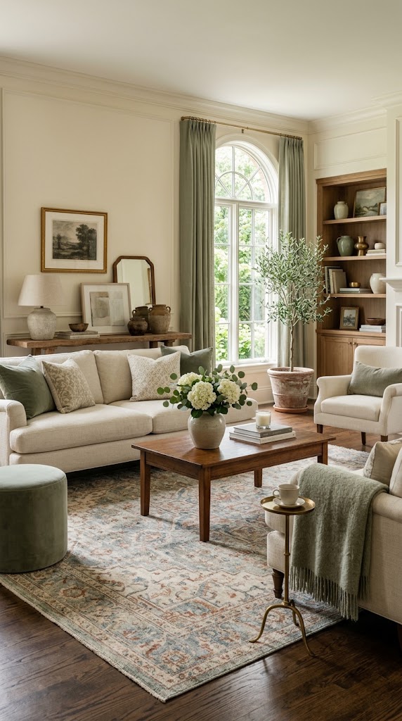 Sage and Cream Living Room Decor Idea 10 Vintage Rug