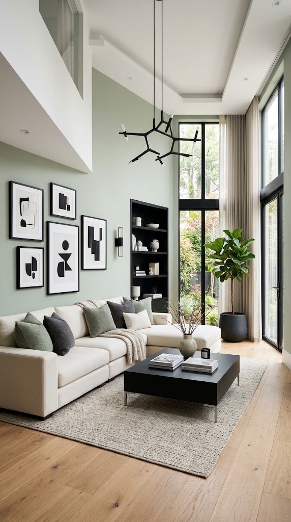 Sage and Cream Living Room Decor Idea 11 Modern with Black Contrast