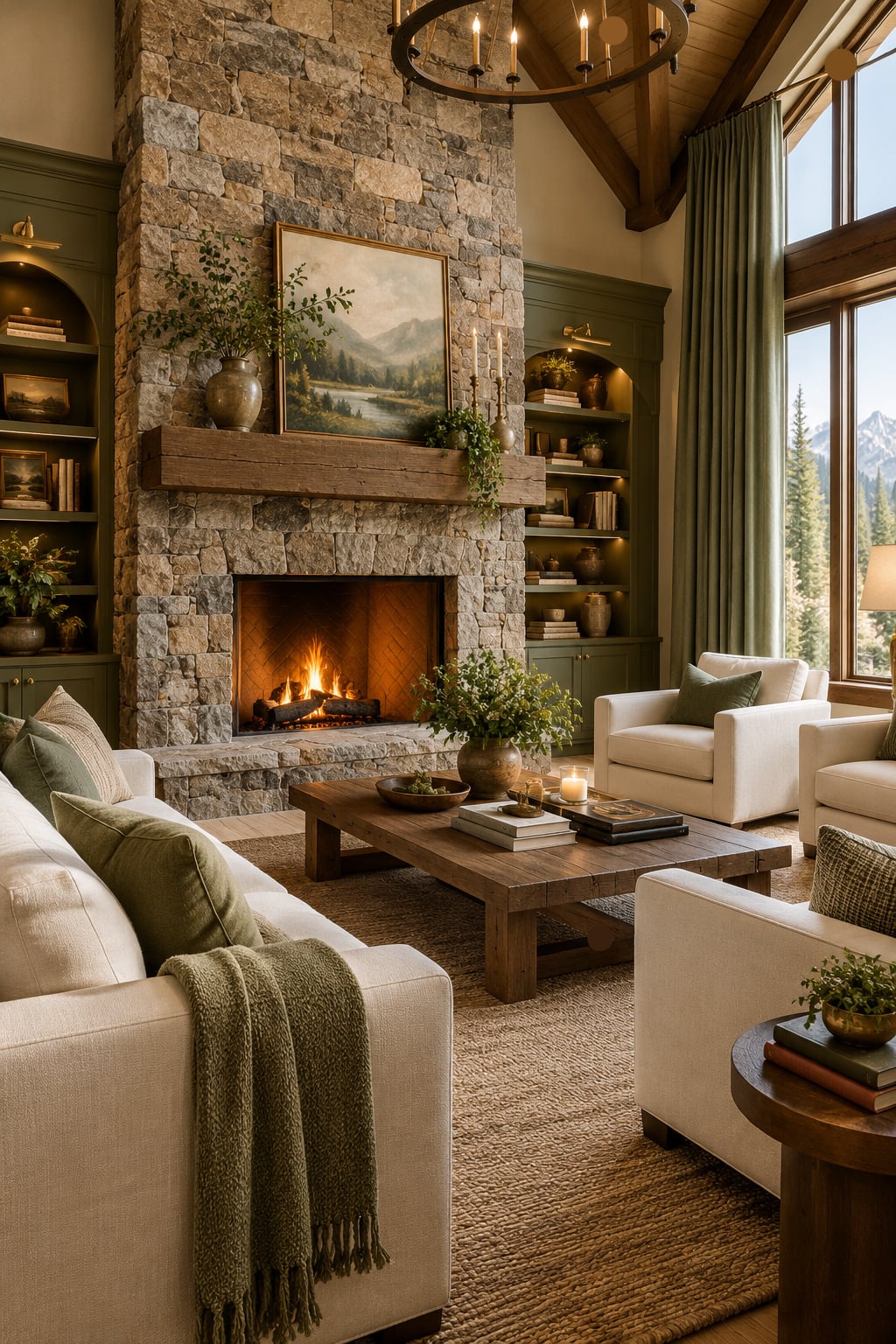 Sage and Cream Living Room Decor Idea 5 with a Stone Fireplace