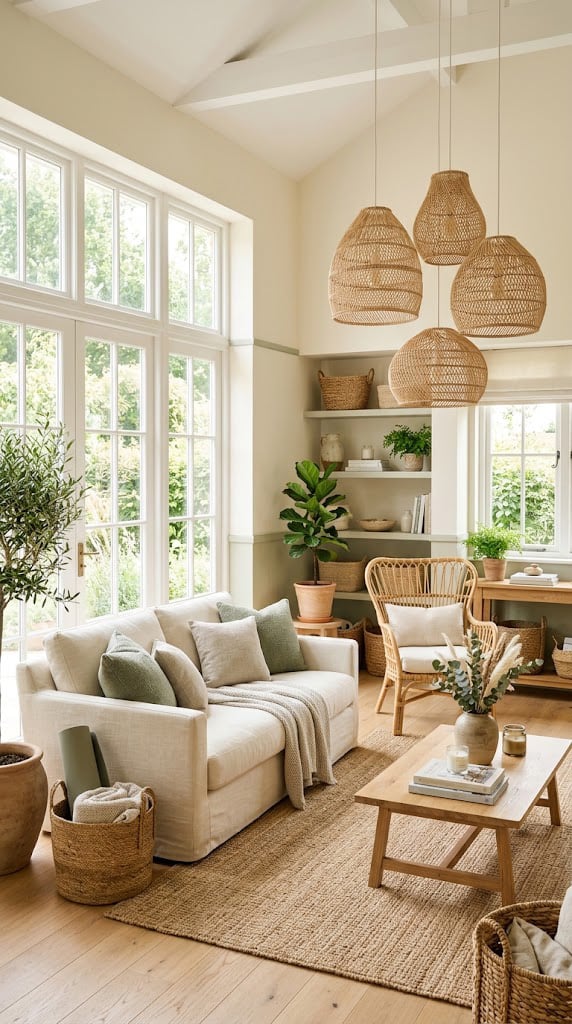 Sage and Cream Living Room Decor Idea 6 Light Filled with Woven Accents
