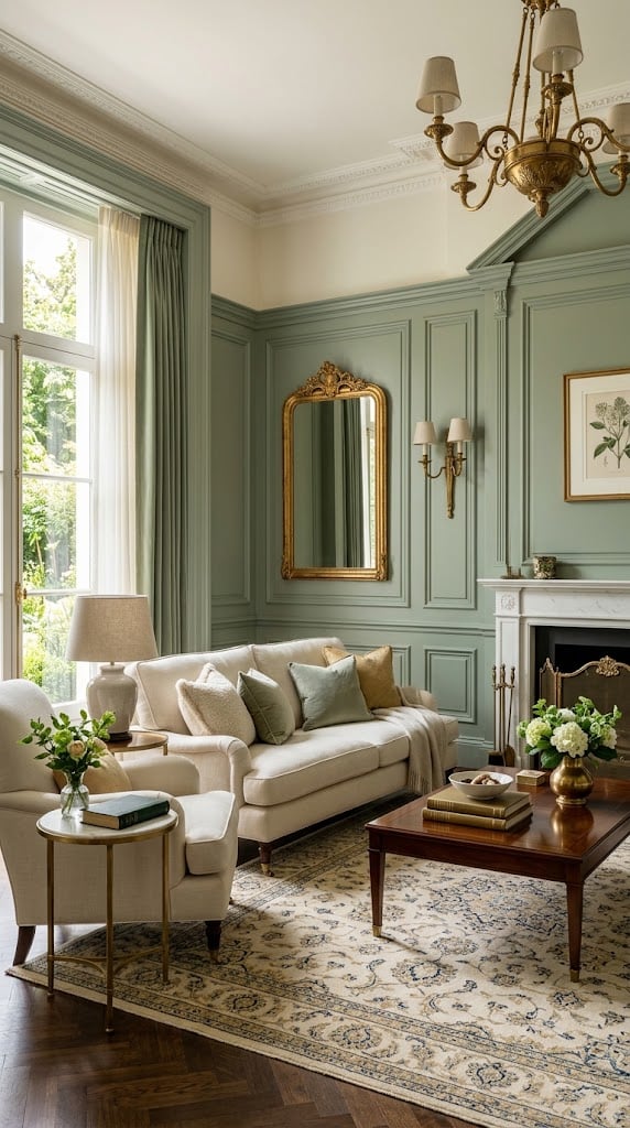 Sage and Cream Living Room Decor Idea 7 Classic Sage Paneling, Cream Upholstery, Brass Touches
