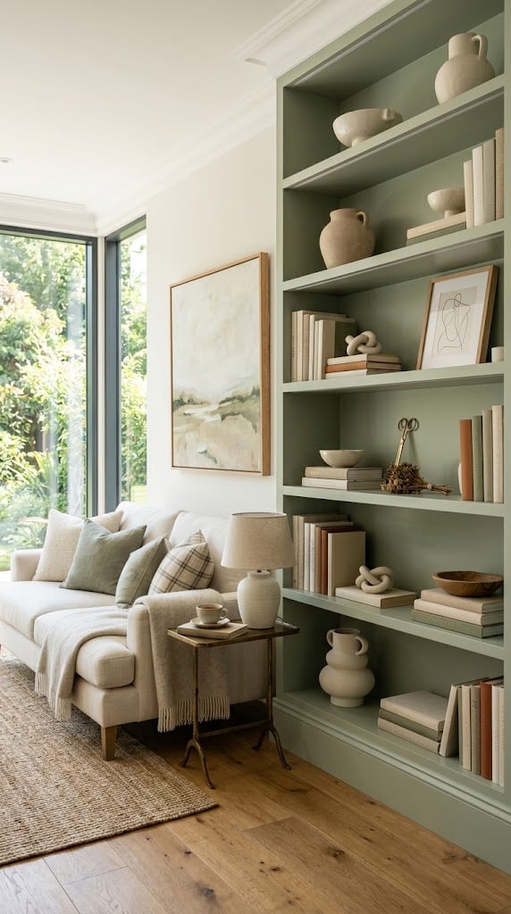 Sage and Cream Living Room Decor Idea 9 Built Ins
