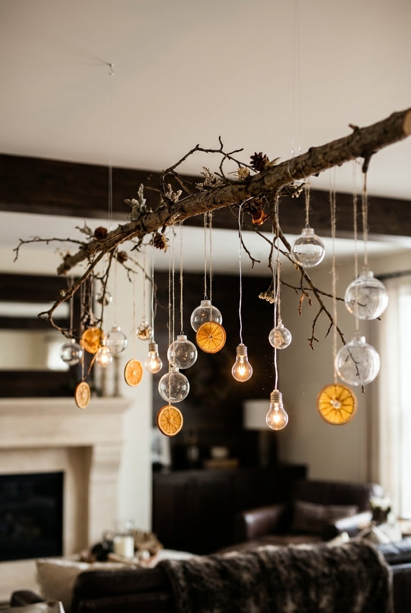 christmas living room decor idea without fireplace 12 Festive Branch Ceiling