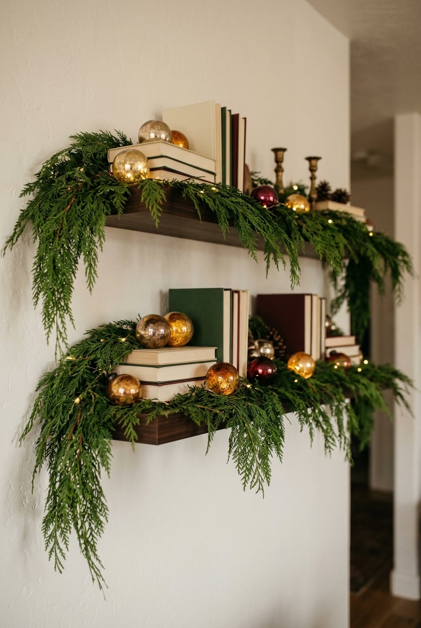 christmas living room decor idea without fireplace 6 Garland Floating Wall Shelf
