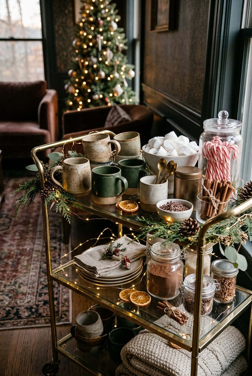 christmas living room decor idea without fireplace 8 Bar Cart Cocoa Station