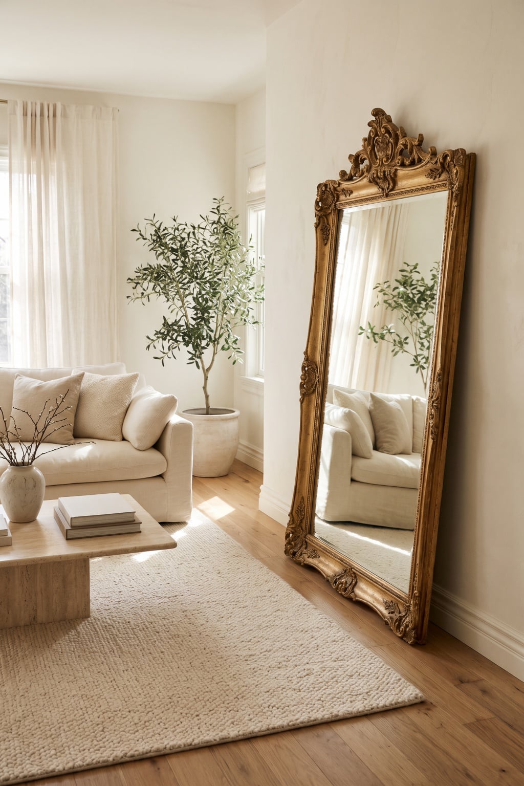 cream and gold living room decor idea 1 Vintage Gilded Floor Mirror