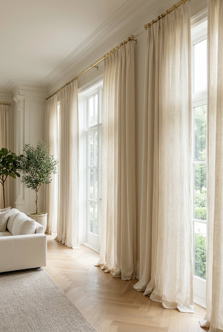 cream and gold living room decor idea 11 Floor to Ceiling Curtains
