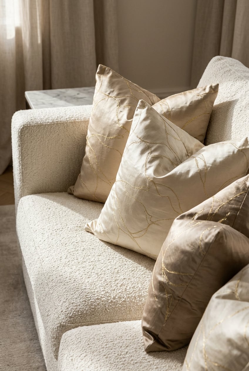 cream and gold living room decor idea 5 Silk Throw Pillows