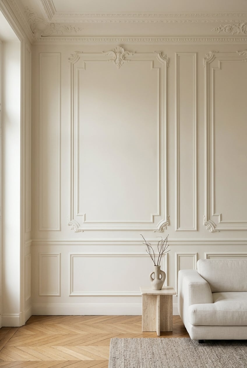 cream and gold living room decor idea 6 Monochromatic Picture Molding