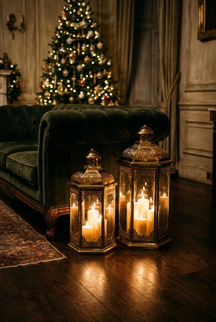living room decor christmas lights idea 5 Brass Floor Lanterns