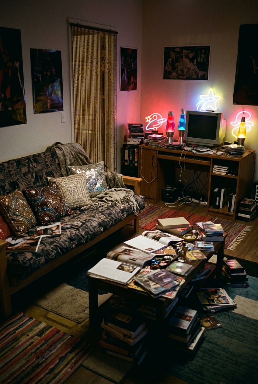 living room early 2000s 7 lava lamps and neon signs