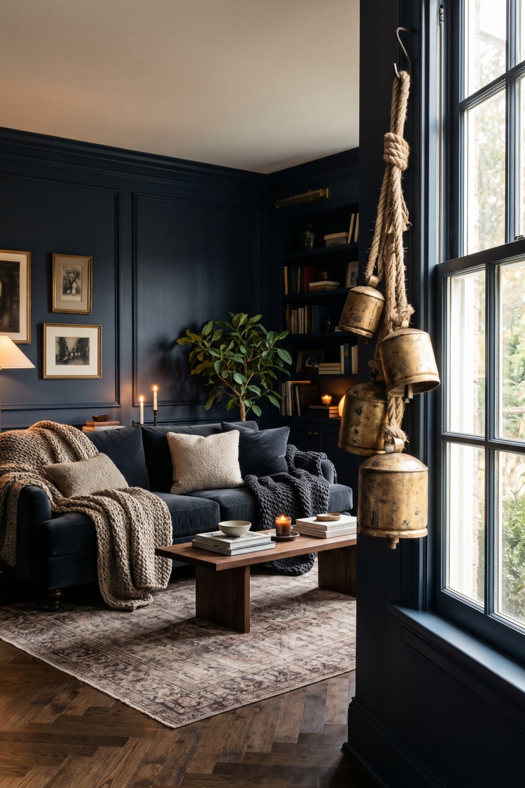 moody christmas living room decor idea 1 Midnight Navy Walls Tarnished Brass Bells