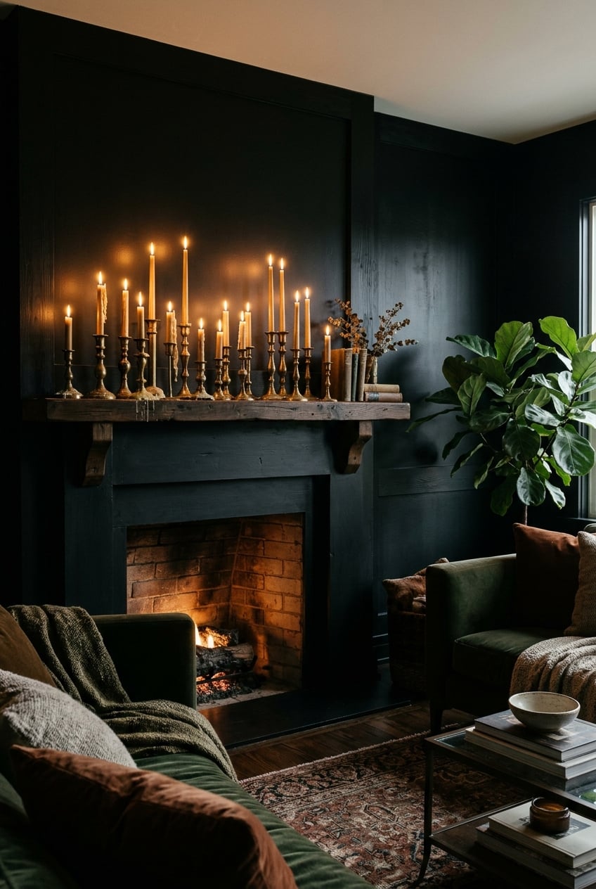 moody christmas living room decor idea 10 Obsidian Accent Wall Antique Candlestick Clusters