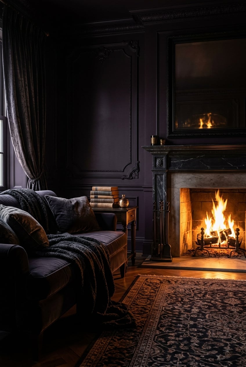 moody christmas living room decor idea 11 Deep Blackberry Hues Amber Firelight