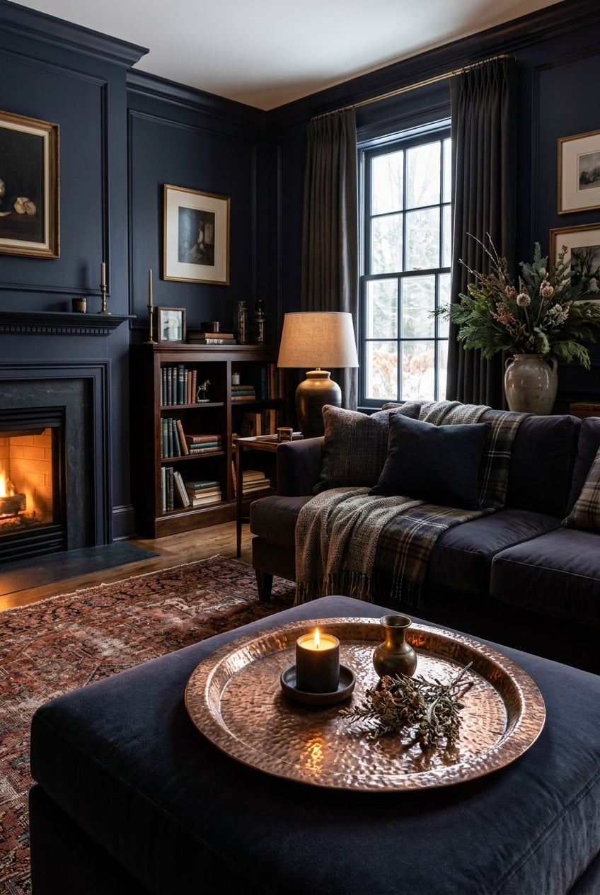 moody christmas living room decor idea 12 Dark Indigo Space Hammered Copper Touches