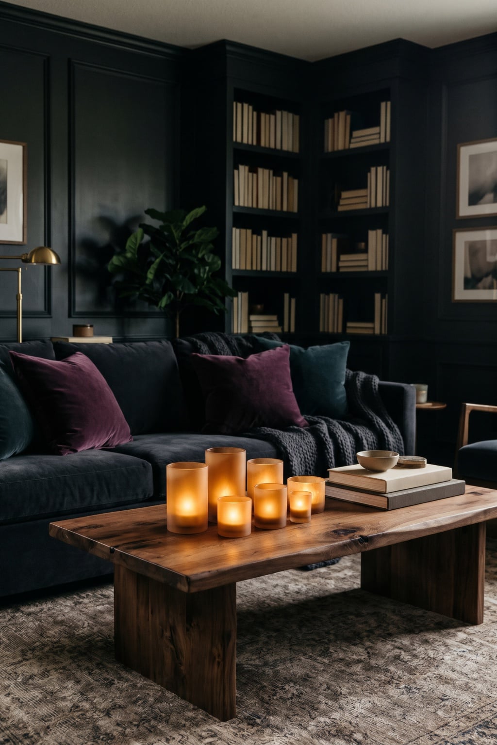 moody christmas living room decor idea 2 Plum Velvet Frosted Amber Glass
