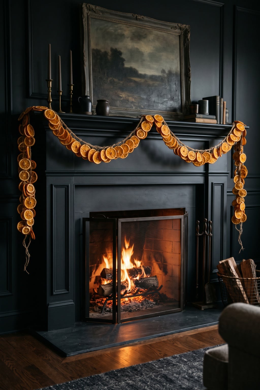 moody christmas living room decor idea 3 Fireplace Dried Orange Garlands