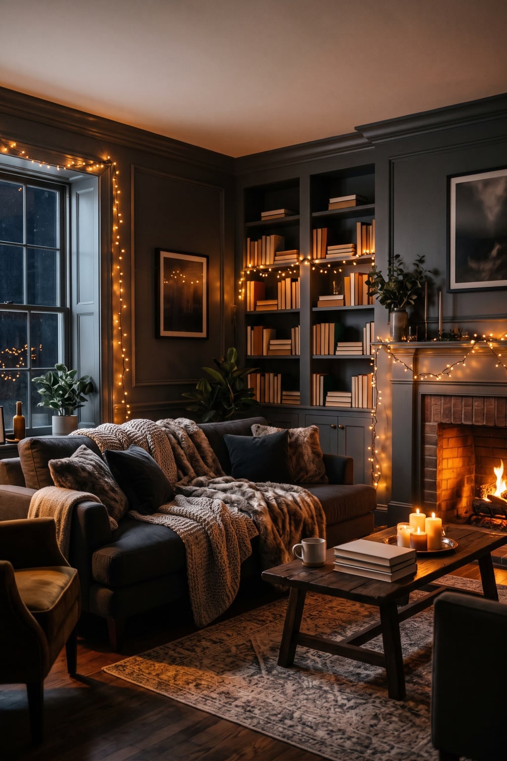 moody christmas living room decor idea 4 Charcoal Paint Amber String Lights