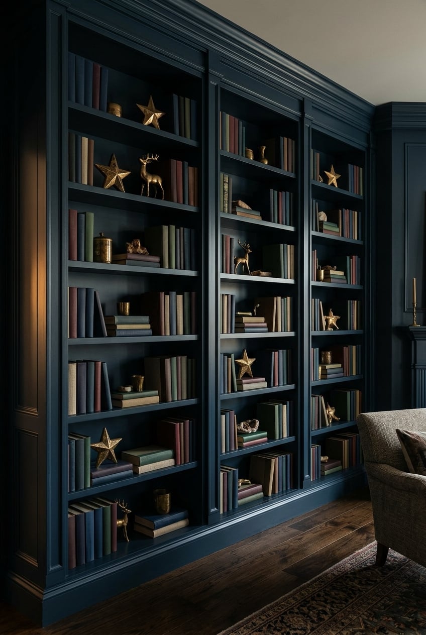 moody christmas living room decor idea 5 Inky Blue Built Ins Burnished Gold Accents