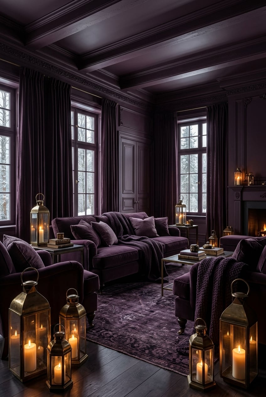moody christmas living room decor idea 6 Aubergine Monochromatic Decor Vintage Brass Lanterns