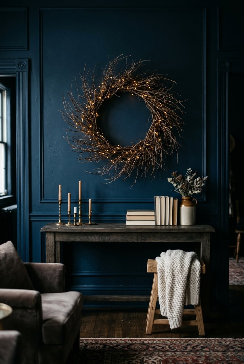 moody christmas living room decor idea 8 Dark Sapphire Space Branch Wreath
