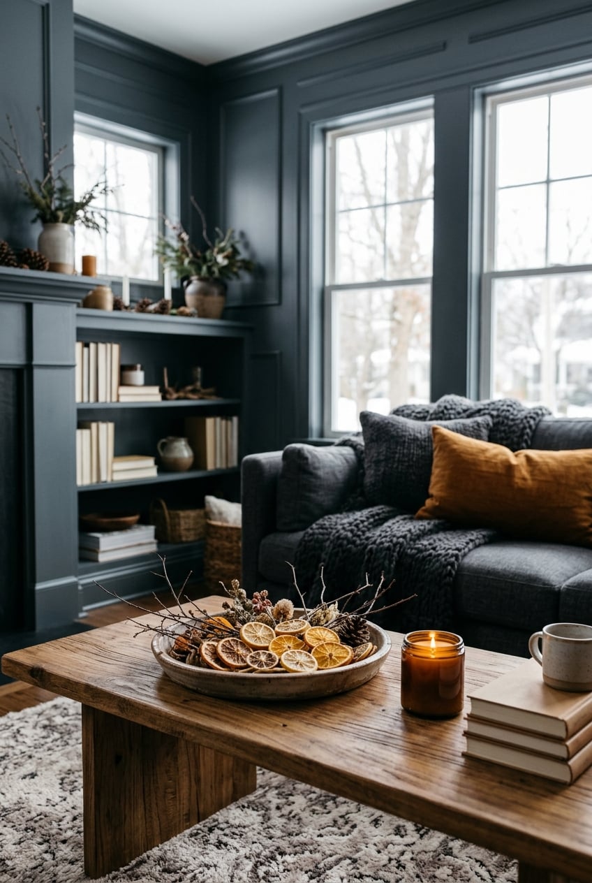 moody christmas living room decor idea 9 Slate Grey Space Sliced Citrus Accents