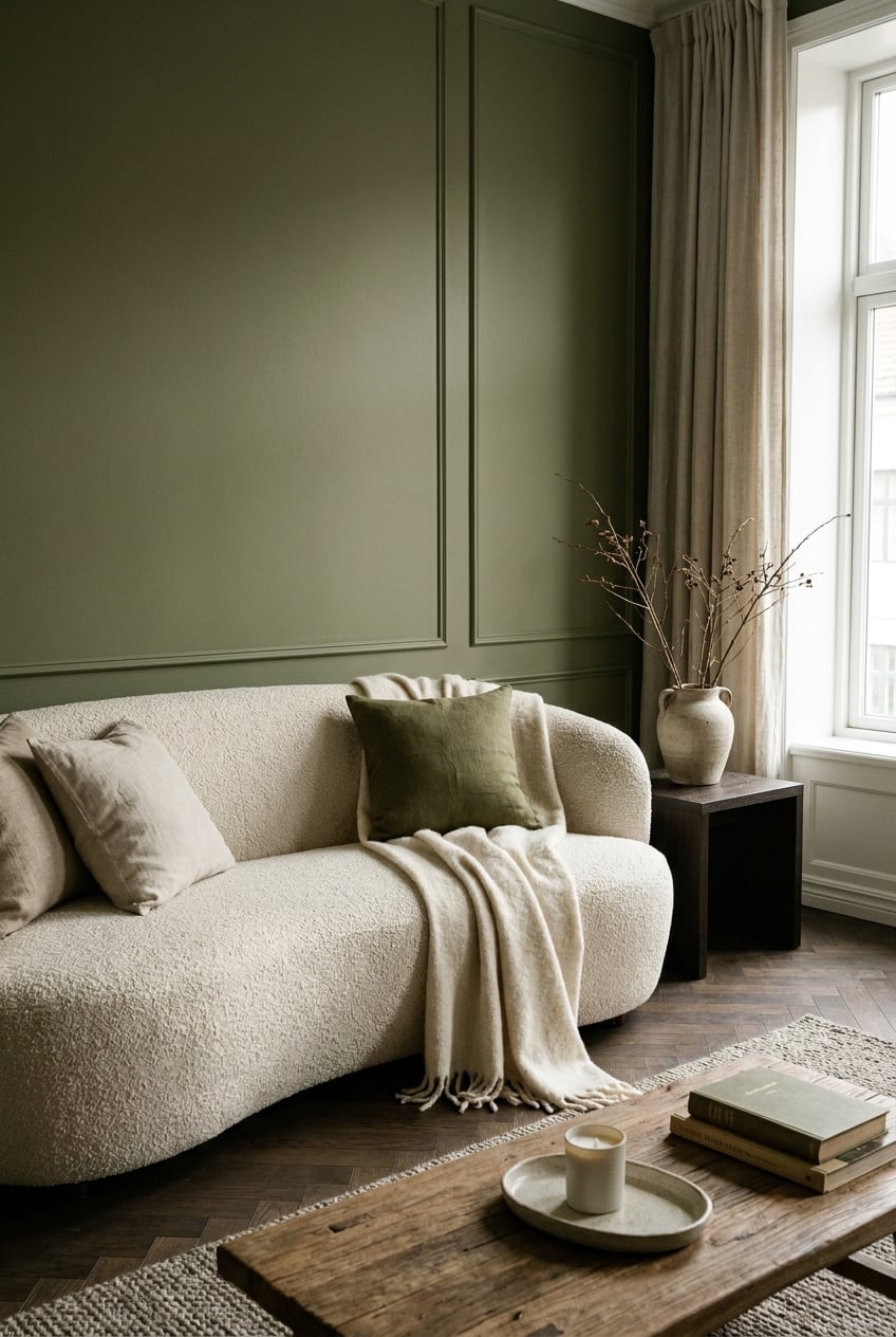 olive green and cream living room decor idea 1 Boucle Upholstery