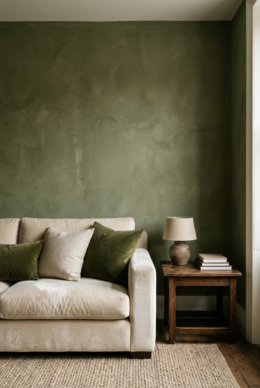 olive green and cream living room decor idea 10 Plaster Wall
