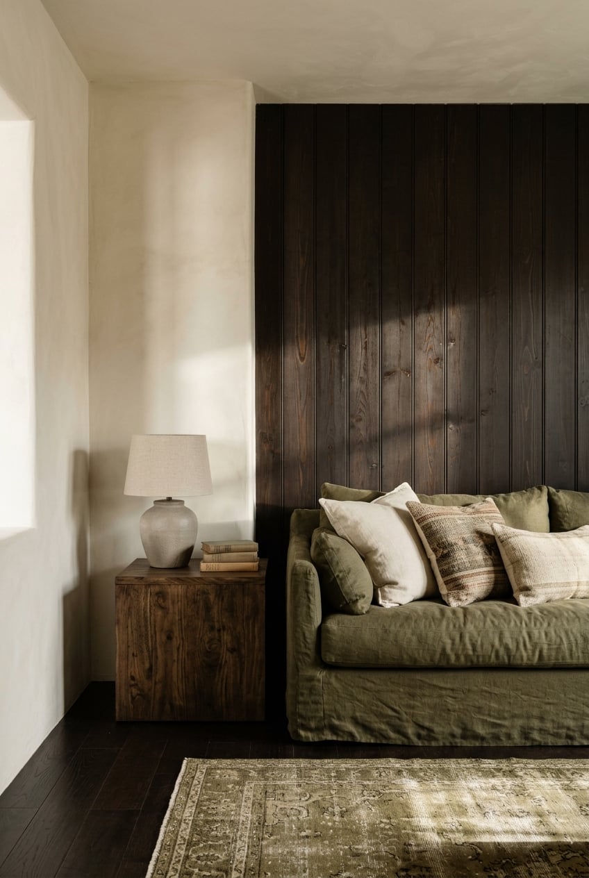 olive green and cream living room decor idea 11 Espresso Brown Wood Paneling