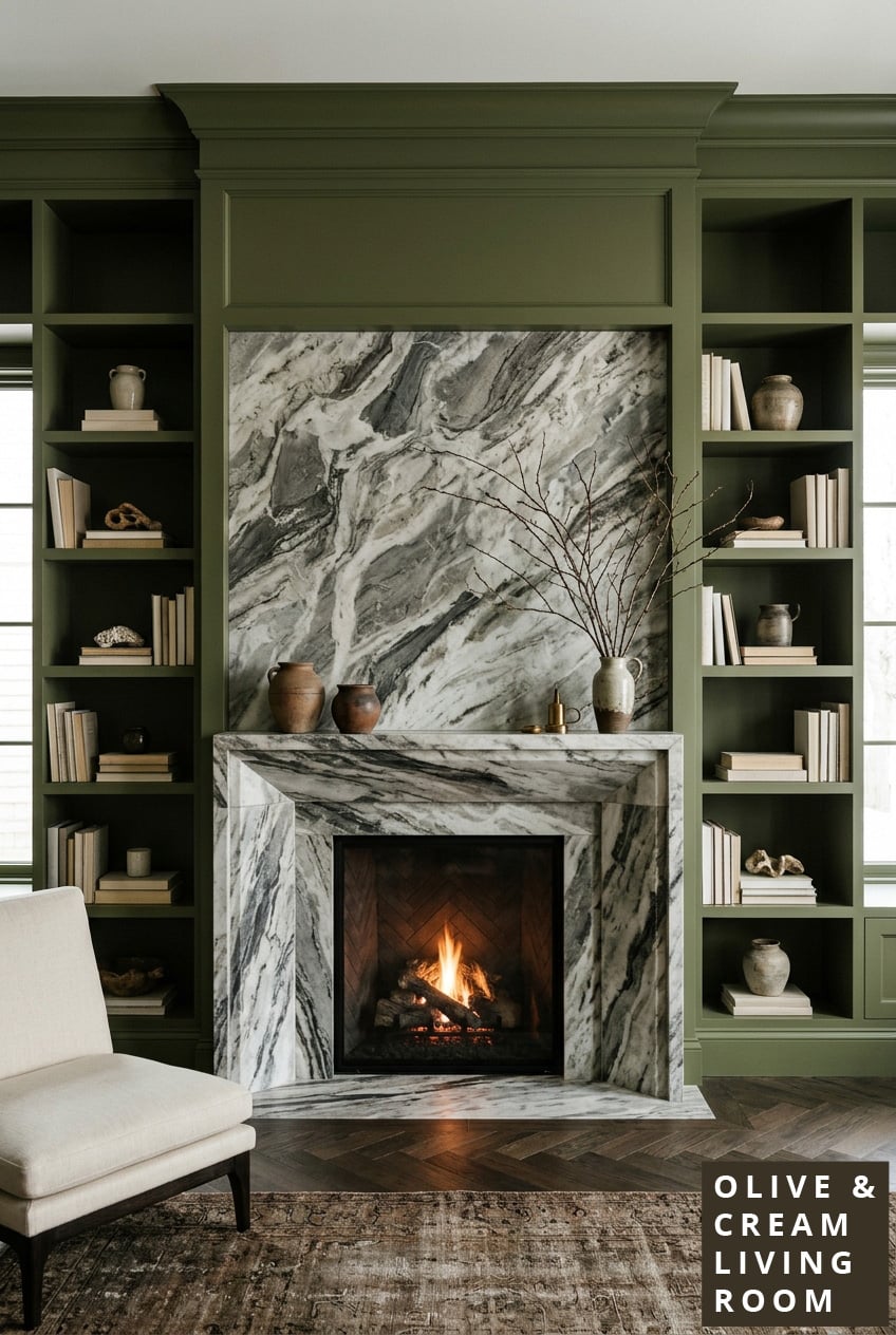 olive green and cream living room decor idea 2 Marble Fireplace